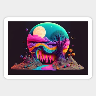 Spooky Full Moon Psychedelic Landscape - Paint Dripping 3D Illustration - Colorful Haunted Nature Scene Sticker